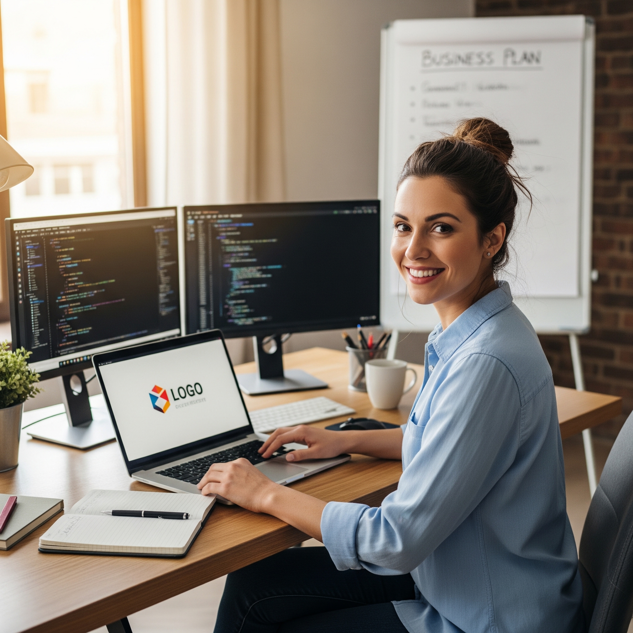 Selbstständige IT-Entwicklerin arbeitet an ihrem Laptop mit Code auf mehreren Monitoren