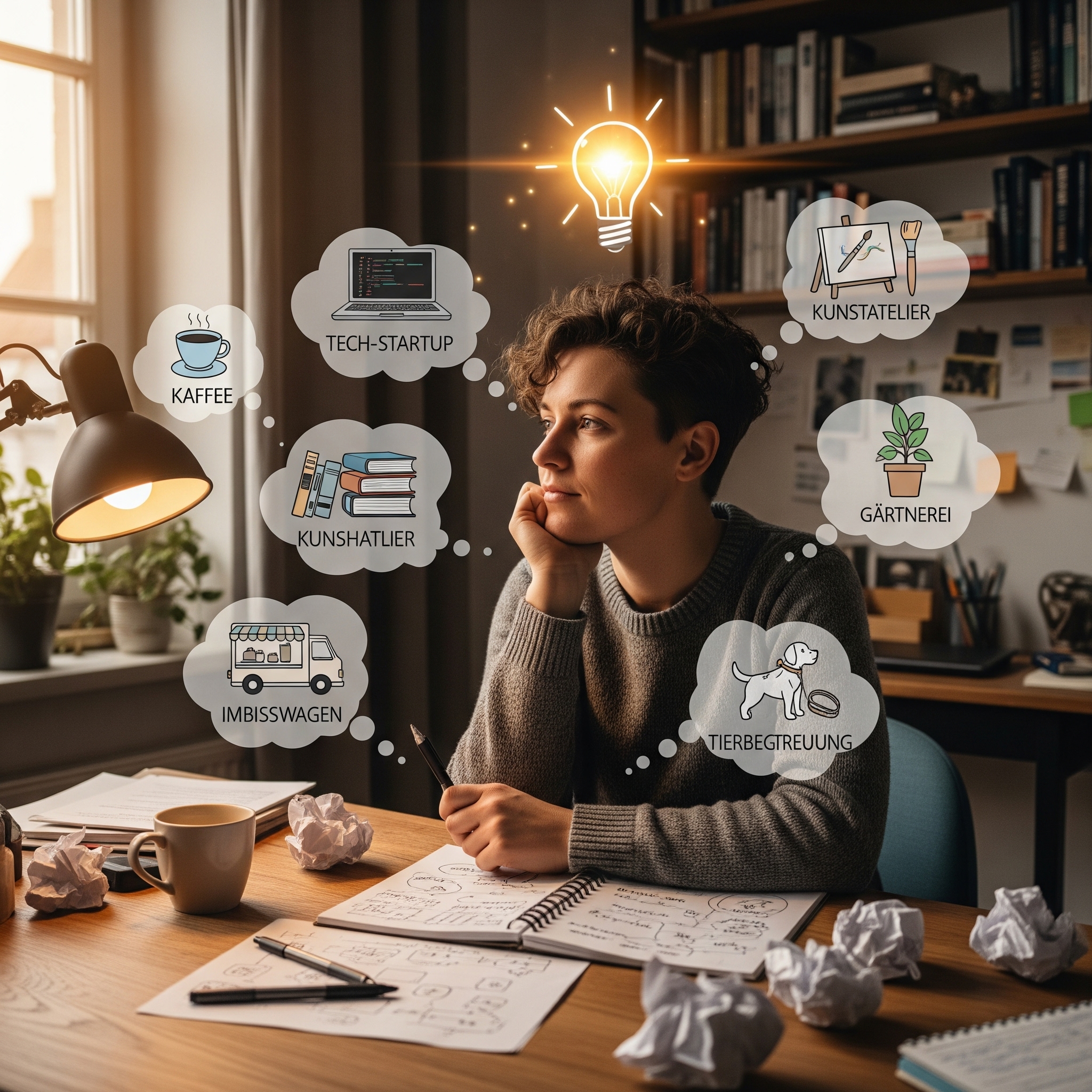 Person brainstorming business ideas with thought bubbles showing various business concepts
