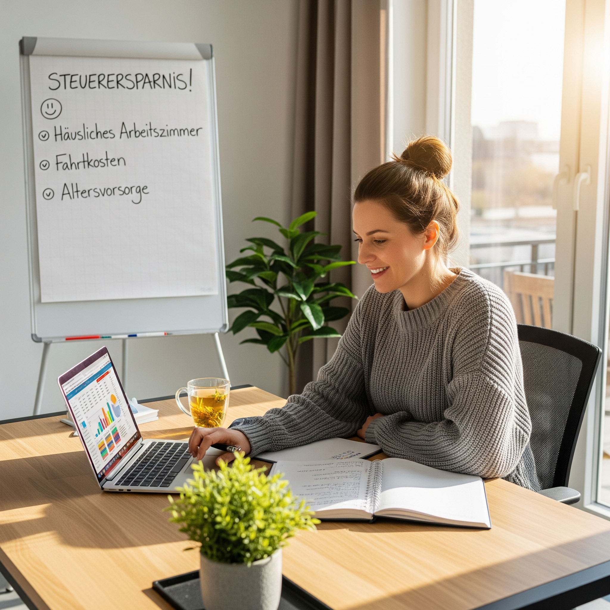 Professionelle Frau arbeitet an Steuersparmaßnahmen mit Laptop und Whiteboard mit Steuerersparnis-Checkliste